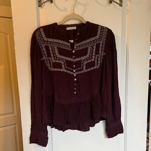 Bohemian Embroidered Long-Sleeve Top in Deep Burgundy